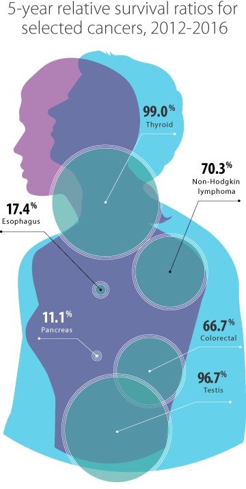 Overlapping male and female silhouettes show the 5-year survival ratios for the following cancers: colorectal at 66.7%; esophagus at 17.4%; non-Hodgkin lymphoma at 70.3%; pancreas at 11.1%; testis at 95.7%; thyroid at 99.0%.